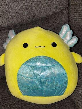 Squishmallows Yellow Axolotl Plush with Sparkling Blue Belly